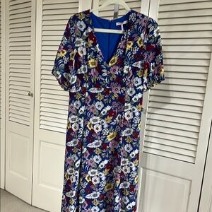 Pink and Purple Midi Sundress with V-Neck and Bishop Sleeves